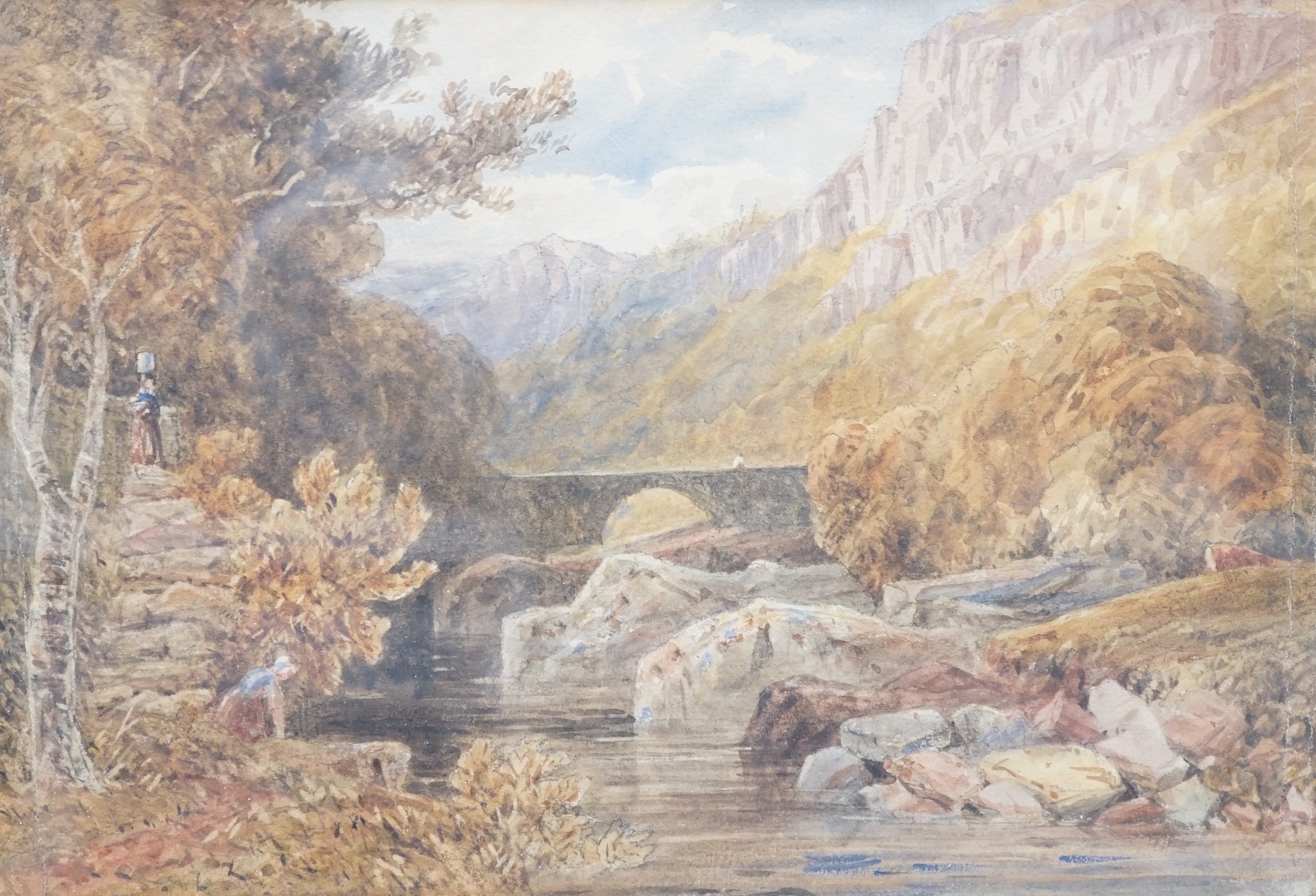 Attributed to David Cox OWS (1783-1859), watercolour, Figures beside a stream, label verso, 18 x 36cm